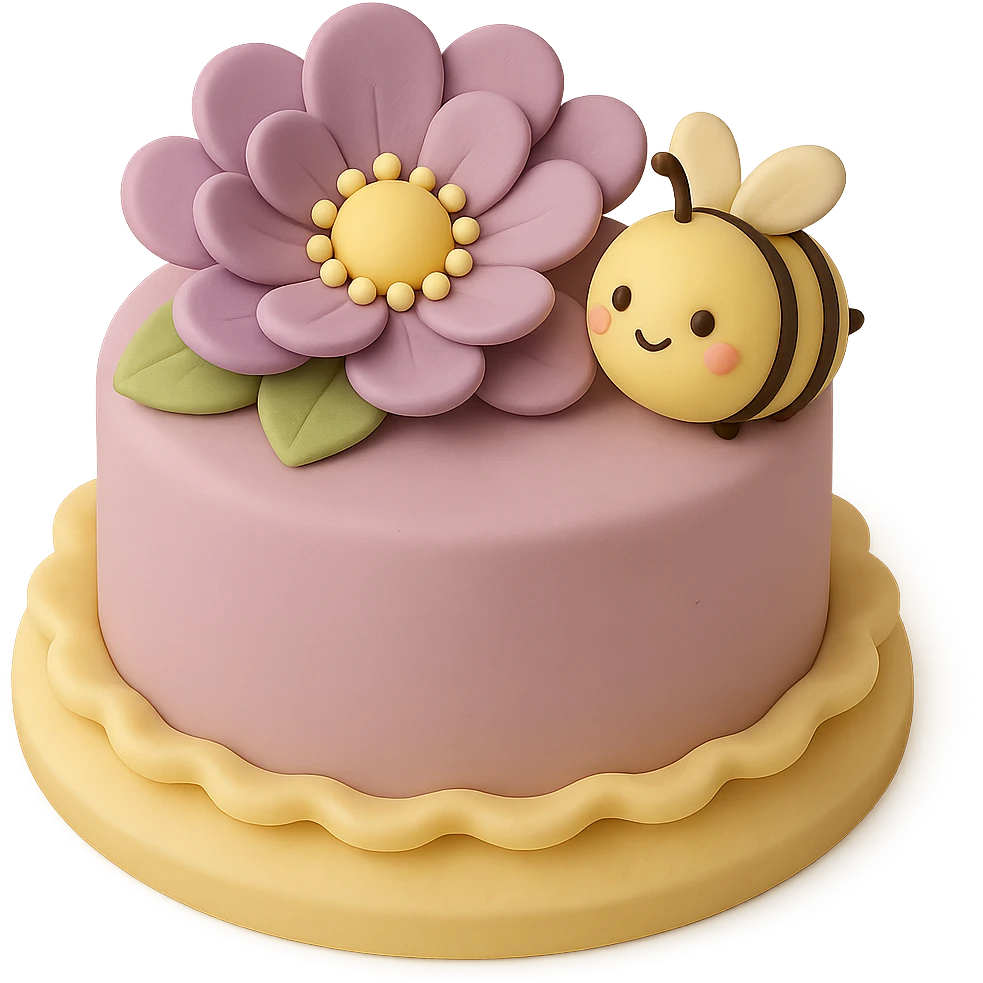 Add a cute bee next to the purple flower in fondant cake art style, keeping the cake-like appearance and colors consistent. emoji