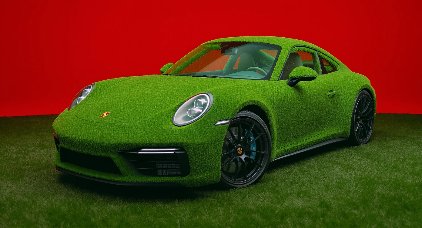 Medium shot of a porsche 911 made of green grass, red solid studio background, low keu light, top soft light, dutch angle,  captured by arri alexa emoji