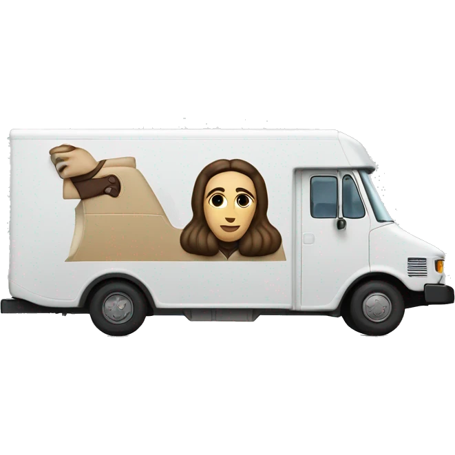 Side view of 1976 very long mail delivery truck shaped like Princess Leia emoji