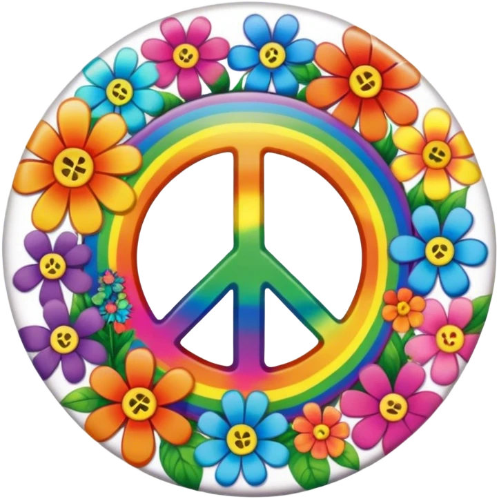 A round psychedelic colored button that says “peace” in the center with rainbow colored hippie style flowers emoji