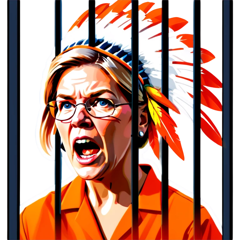 Make a picture of Senator Elizabeth Warren wearing an orange jumpsuit and an Indian headdress behind bars make her look worried but only about herself more realistic emoji