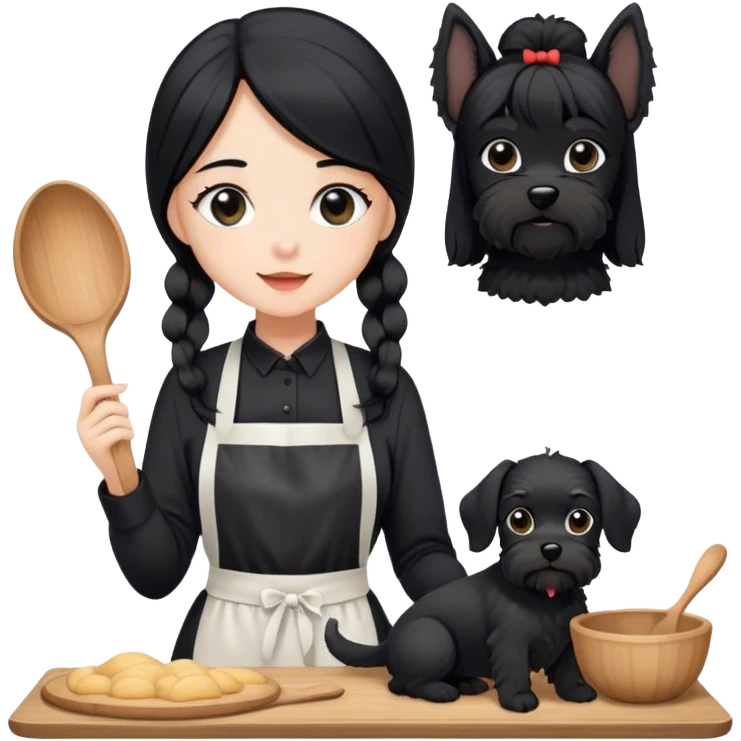 pale girl with long black hair wearing black long shirt wearing apron and baking holding black floppy ear schnauzer emoji
