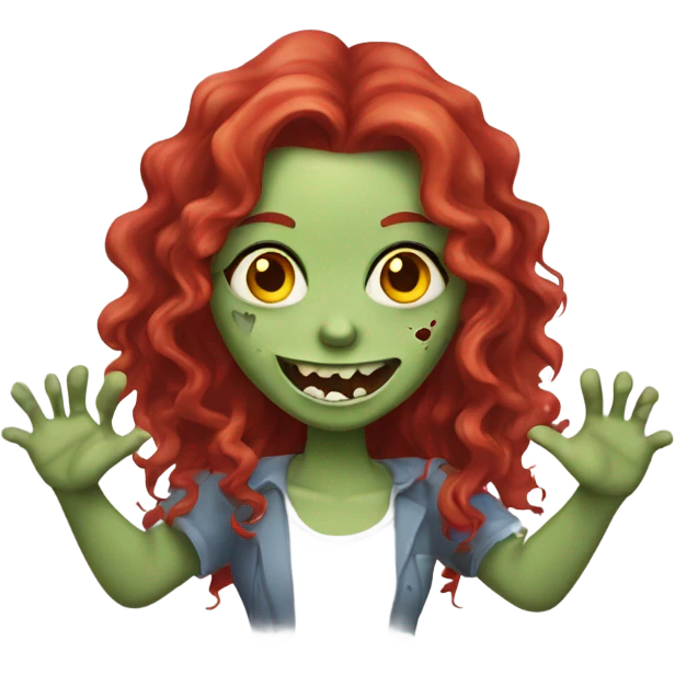 Happy zombie girl red long curly hair with both hands in the air emoji