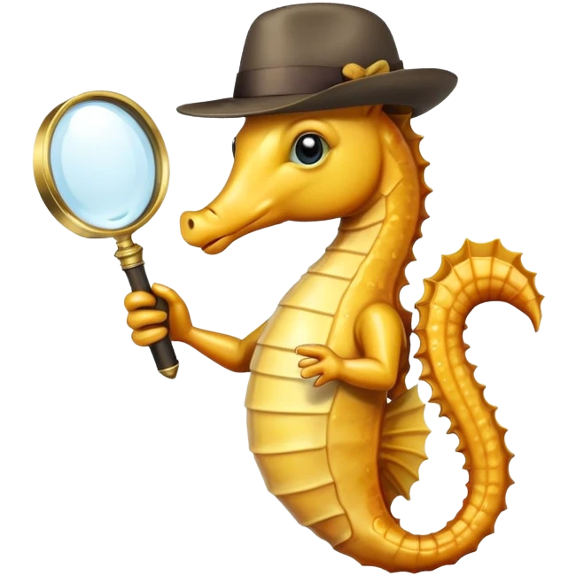 seahorse in a tie and a hat with a magnifying glass emoji