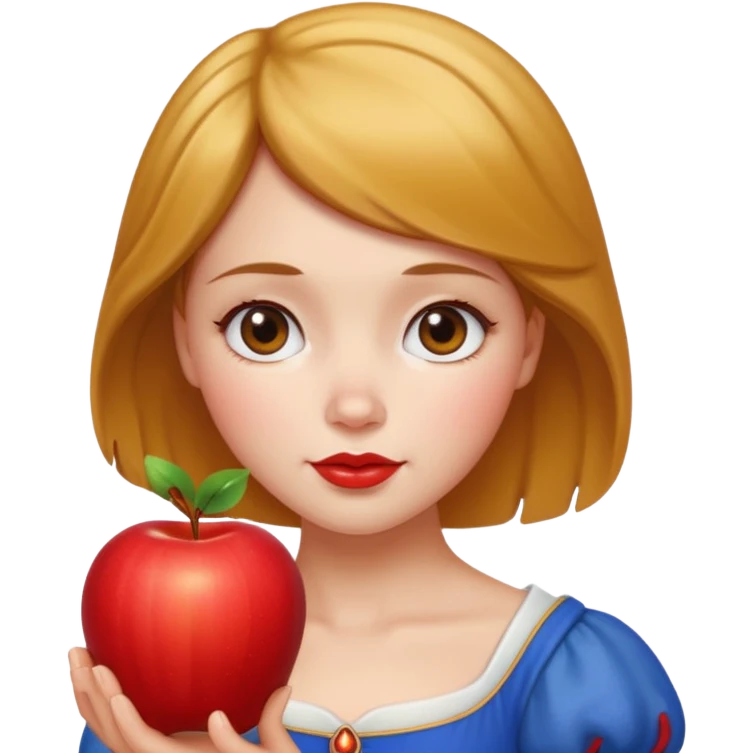 Create an emoji of Snow White holding a red apple, with short golden-brown hair. emoji