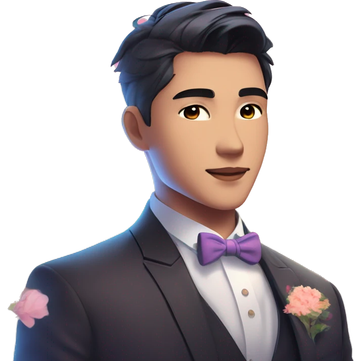 Gorgeous romantic anime style Asian formal modern gentlemanly guy with flowers and blushing face aesthetic trending style outside with colorful gradient bright light colors emoji
