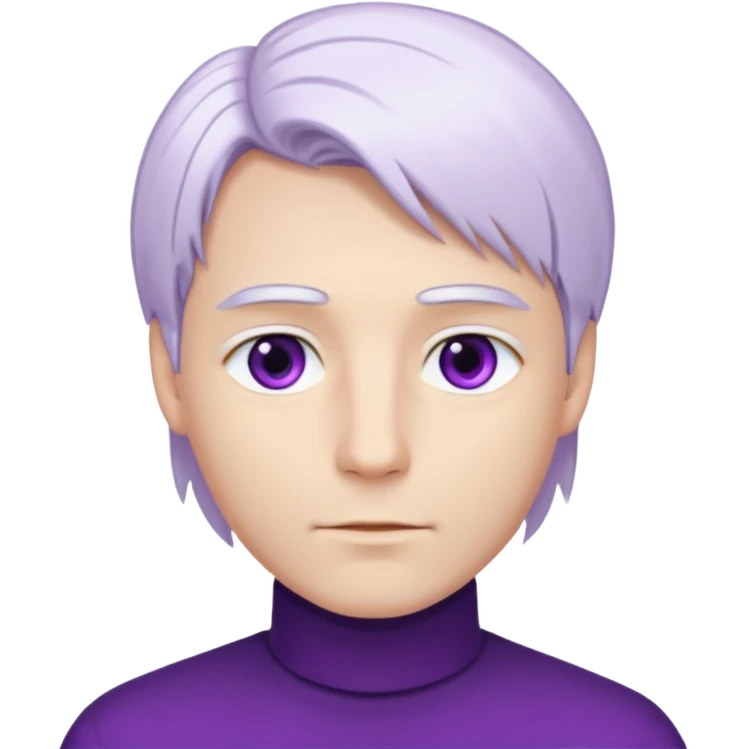 Beyaz uzun ve düz saçları olan,mor göz rengi olan, bembeyaz tenli bir erkek,genç,gözleri hafif çekik ve saçları da teni de bembeyaz olacak,genç olacak,kırışıklığı olmayacak,gözleri çekik ve mor renk olacak,alnında kırışıklık olmayacak,saçı daha beyaz olsun,genç olacak emoji