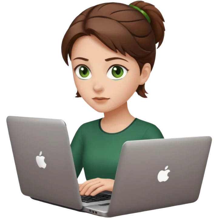 fată cu ochi verzi și păr șaten strâns în partea din spate a capului, lucrând pe un laptop emoji