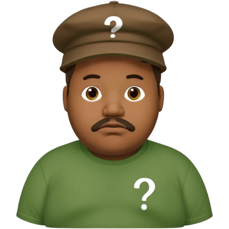 fat man with brown cap and green t shirt printeed a question mark emoji