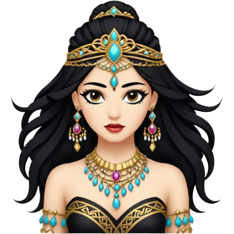 Une danseuse de tribal fusion, à la peau blanche et à la chevelure noire. Prends inspiration de Rachel Brice ou de Kira Lebedeva. emoji