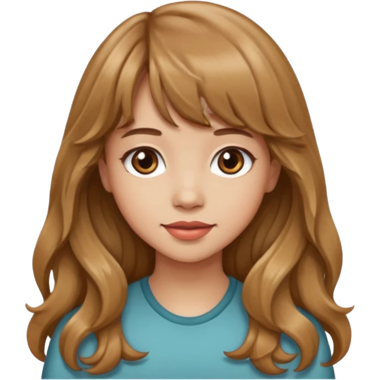 Please generate a portrait of a pretty girl with long, wavy, light brown hair and bangs. emoji