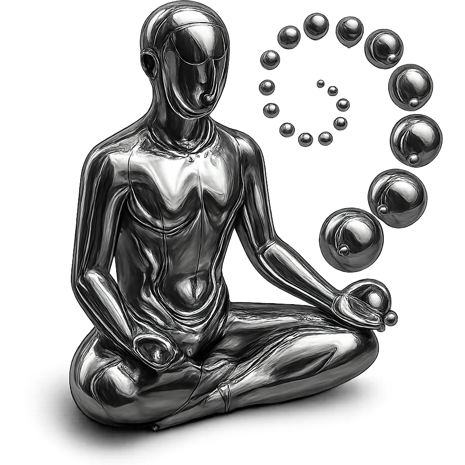 reflective chrome silhouette of a meditating person with a spiral of chrome spheres floating nearby, highly metallic emoji