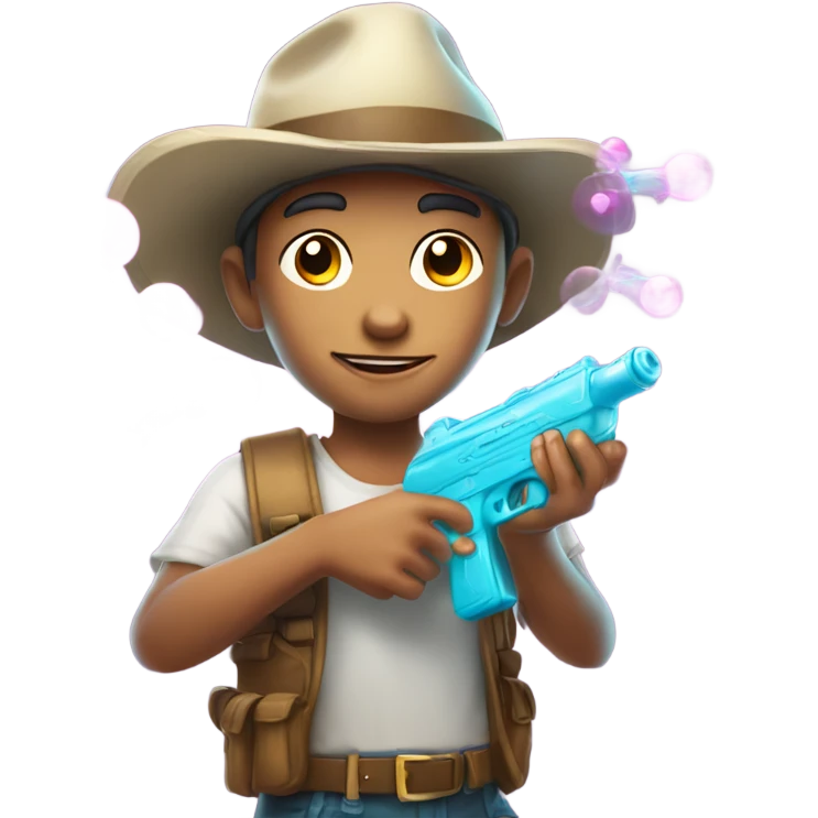 Caucasian boy in glowing outfit and hat with bubble guns in each hand emoji