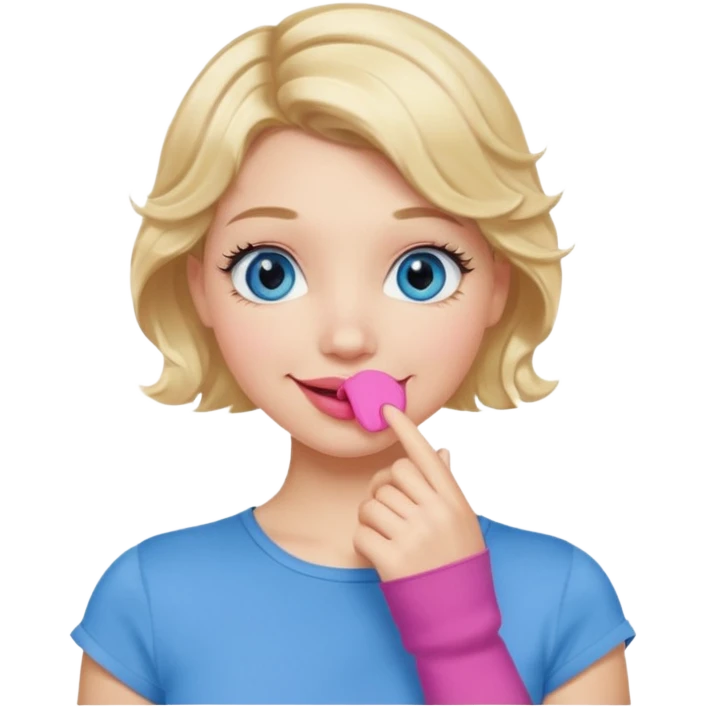 Girl Blonde short wavy hair,  blue eyes, cute blue top, long lashes, pink lips, smiling, hand over the mouth emoji