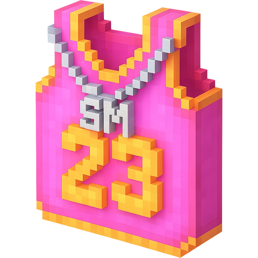 светящейся розовая баскетбольная майка с надписью "23" и серебряная цепь с надписью "SM", no background emoji