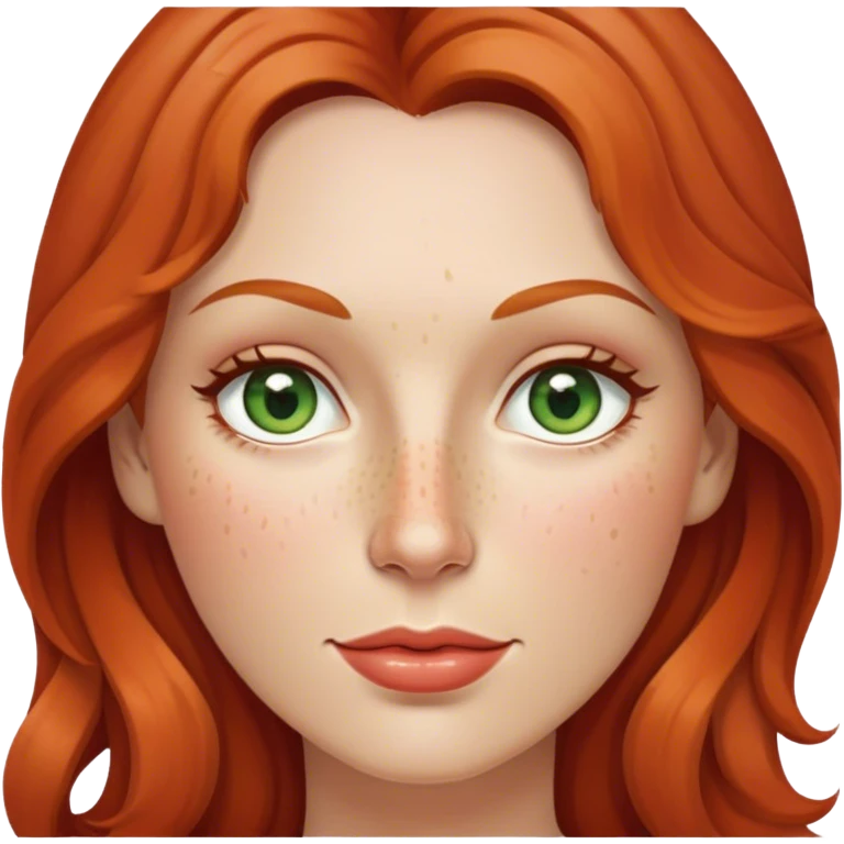 Lady, age 38, strawberry ginger, Long slightly wavy hair, a few frackels on the nose, slim face, slim upper lip, grey/brown/green eyes. emoji