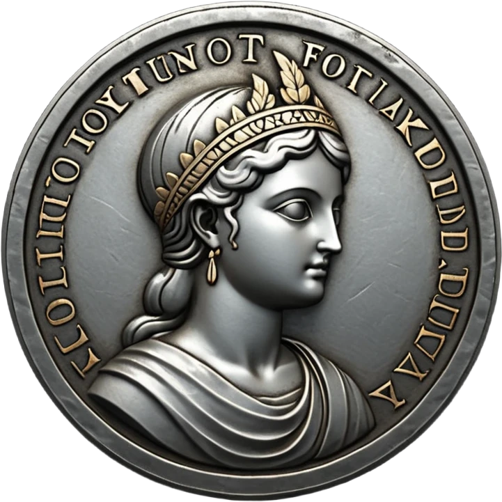 Emoji style, ancient coin made of blackened metal, “FORTUNA” engraved in refined fashion typography, heavy form, subtle worn metal texture, avant-garde editorial aesthetic, no glow, no neon, flat emoji design, centered, transparent background emoji