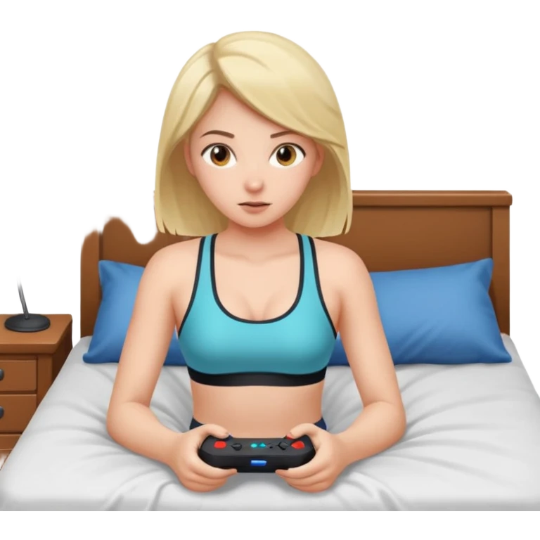 a girl in no pants sitting on her bed, in a sports bra, playing a video game emoji