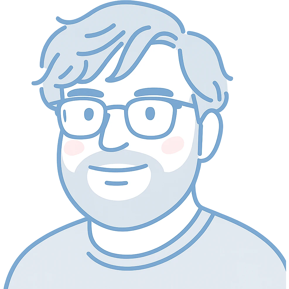 A man with stylish glasses, attractively disheveled longer hair with perfectly styled bangs that frame the face, a round but not chubby face shape, and a broader nose. Use washed-out blue for primary outlines, delicate pink highlights for dimension, and soft gray for the beard and shadow details. emoji