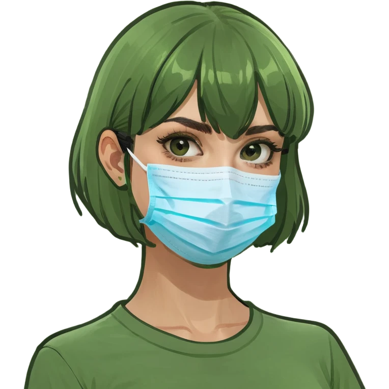 Old girl wearing medical mask with bangs and short hair, hair color brown emoji