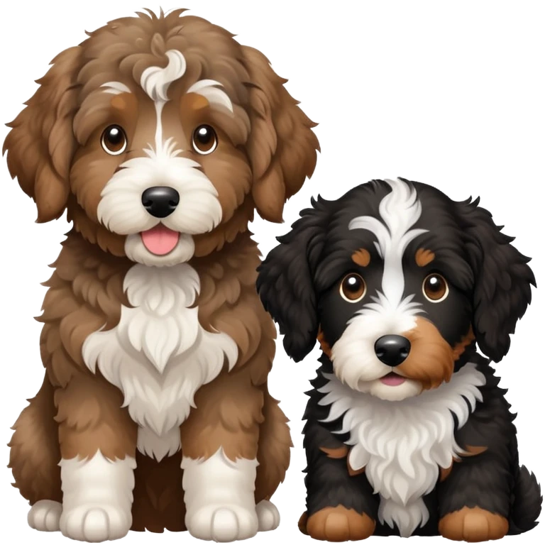 2 dogs: one light brown Aussiedoodle, one all-black Bernedoodle with white eyebrows some white markings, no brown . Both same size. emoji