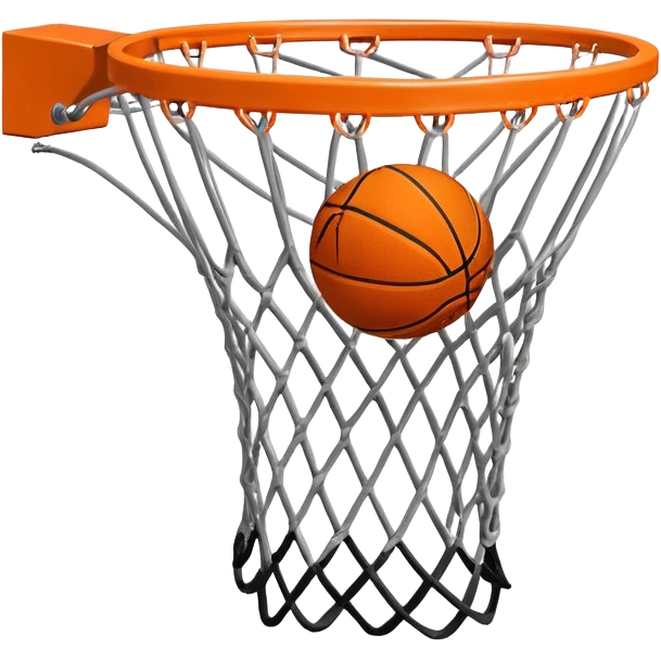 A close-up of a basketball shield and hoop with the ball swishing through the net, captured mid-air. The background emphasizes the tension and excitement of the moment, with the rim and net in sharp focus, showcasing the precision and skill of the sport. emoji