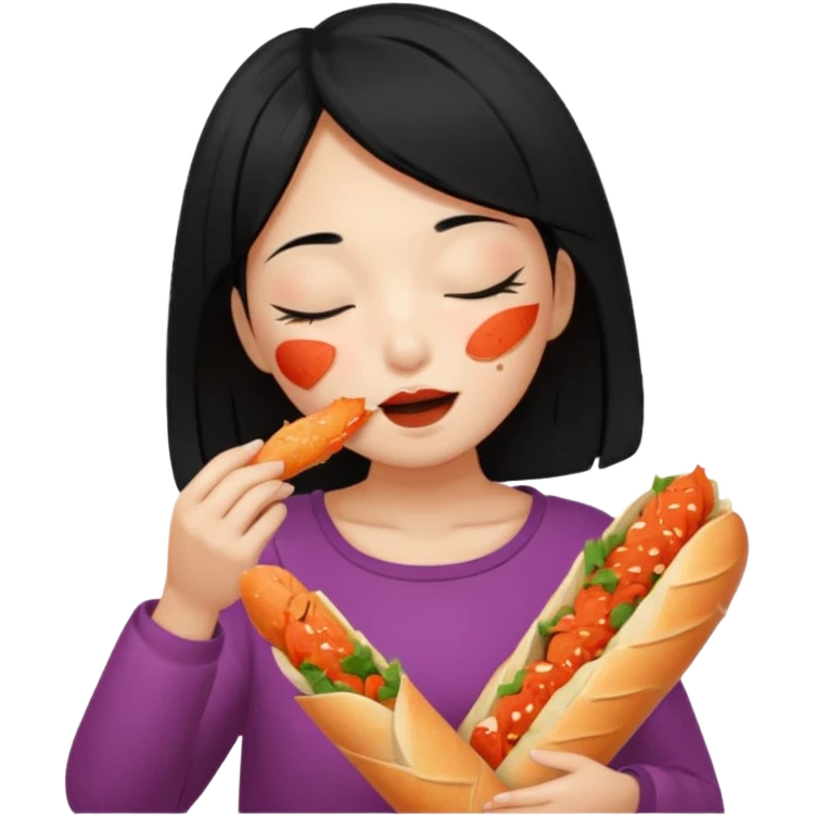 Girl black long hair eat kimchi close eyes baguette emoji