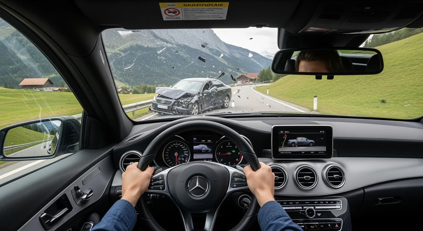 Realistic camshot pov car (hands holding mercedes car wheel) switzerland road with car crash emoji