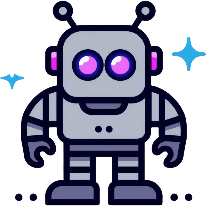 chatbot robot in gray color, with neon glow lines, blue neon glow on top left, purple neon glow on bottom right emoji