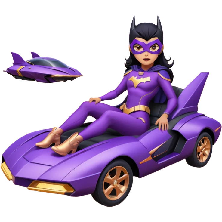 Hot full size real-appearance racing action BatGirl’s Lego feminine midnight-purple tight outfit sixty’s tv show 1992 stealth retro cat burglar sporty petite off-road pursuit hovering hover cruiser car rose gold accents (black hair,reclined and relaxed seating position and attitude) desert emoji