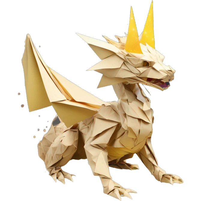 Sparkling patterned Beige Origami dragon with a dried flower crown made of newspapers intricate patterns surrounded by fairy lights nebula galaxy stars swirls iridescent yellow emoji