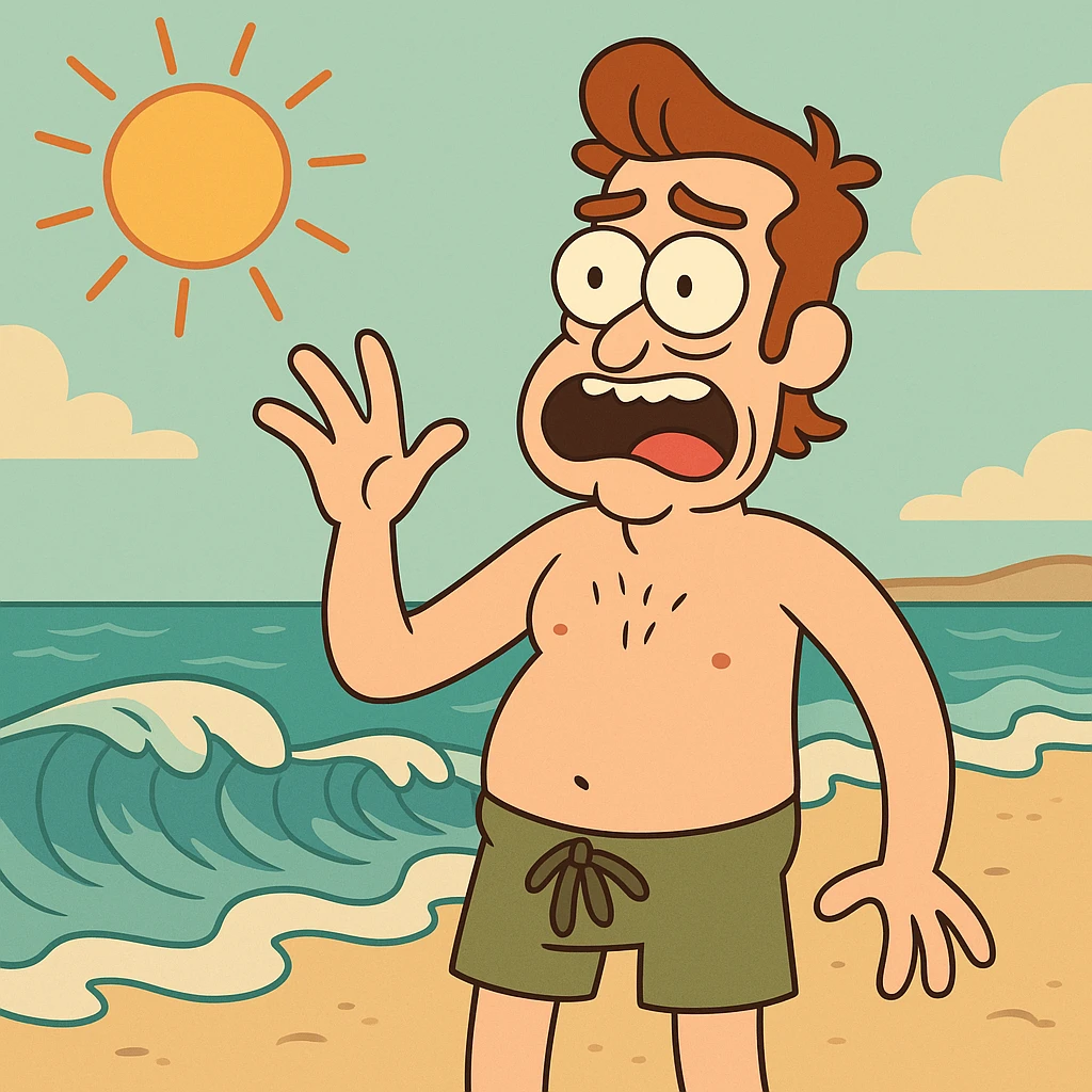 beach with waves and bright sun, cartoon style emoji