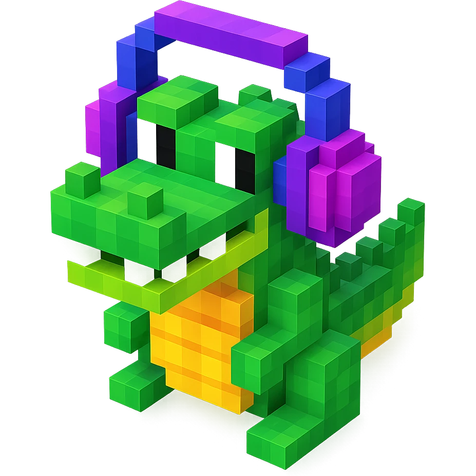 crocodile wearing large over-ear headphones, isometric view, voxel style emoji