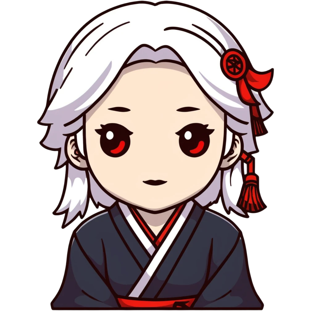 forty year old albino shrine maiden with white hair, red eyes, and pale face emoji