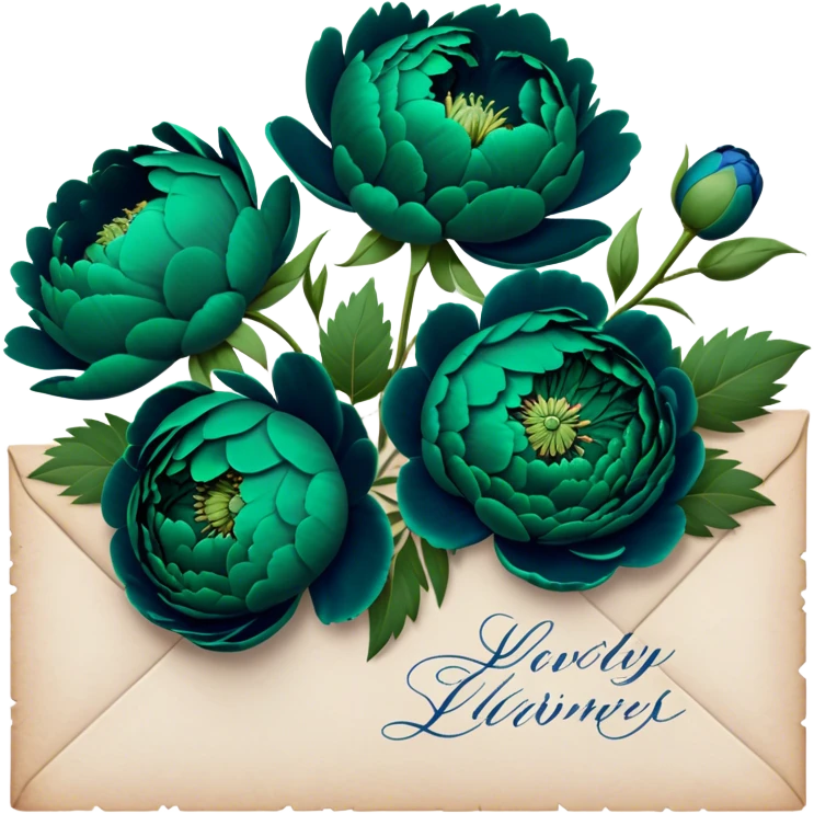 A charming arrangement of deep green peonies placed beside an old love letter with an intricate navy blue wax seal. emoji