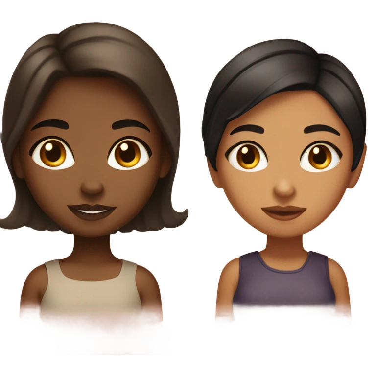 A couple of friends. One brown girl with dark haces and some Honey highlights and her chubby mid tone skin friend with a side left hair and a little chubby emoji