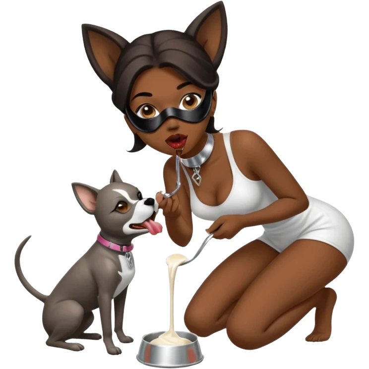 Dark Women licking her tongue from sliver milk bowl with only leash on neck, on on all fours, her head is bent down to sliver dog bowl she wears only a dog BDSM mask  emoji