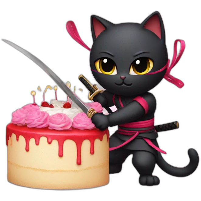 Ninja cat cuts a cake with a katana emoji