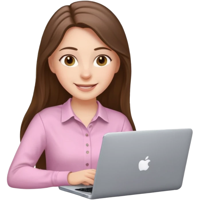 happy white long brunette hair girl with hazel eyes and in light pink using laptop emoji