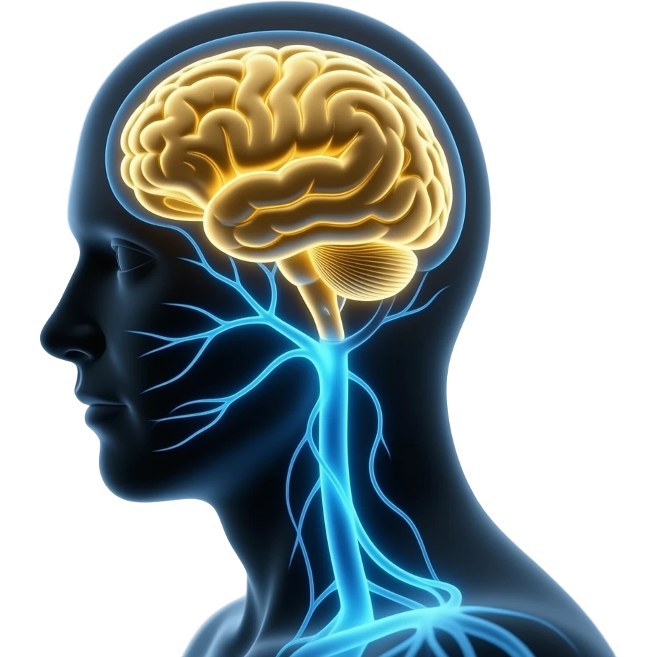human silhouette with visible glowing gold brain inside, neural connections lighting up emoji