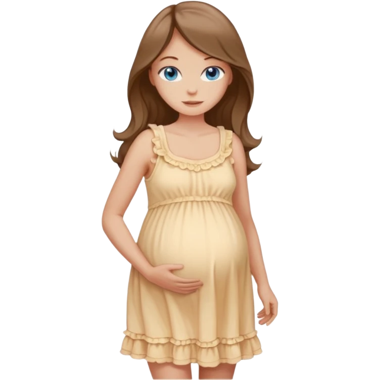 Single Woman with Blue eyes, and long flowing almond brown hair and a light peachy tan skin tone, standing in a relaxed pose with a visible baby bump in frilly buttercream colored babydoll sundress  emoji