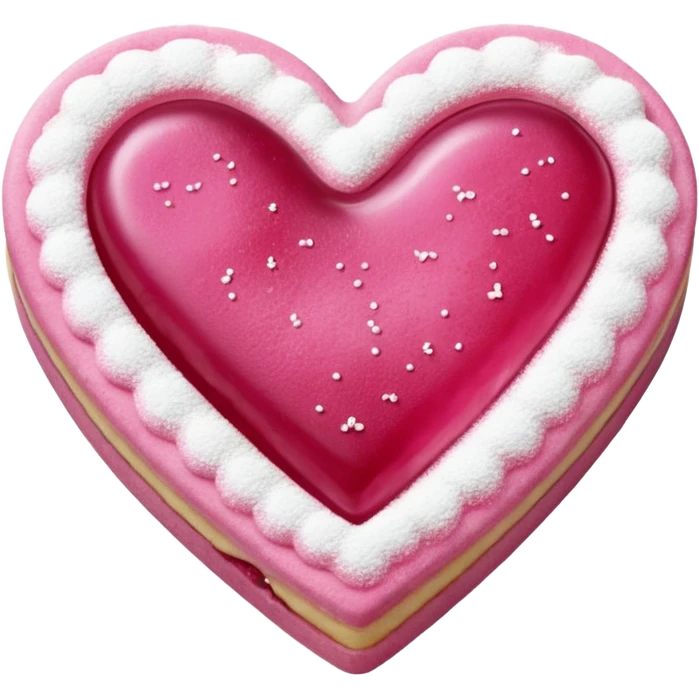 Realistic shortbread cookie in the shape of a heart with pink jelly middle filling and sprinkled powder sugar on top. emoji