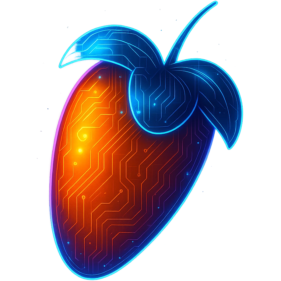 Transform the FL Studio logo into a cyberpunk, holographic style with glowing neon blue and pink edges and circuit patterns throughout the entire icon. Maintain the recognizable fruit shape with a vibrant orange pepper. Overlay neon and circuit effects in a futuristic, clean style consistent with cyberpunk aesthetics. The whole icon should have a consistent cyberpunk glow and intricate circuit details on a transparent background. emoji