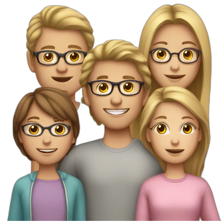 White family of 4, brown hair mom, brown hair boy, 2 girls with glasses and long blond hair emoji