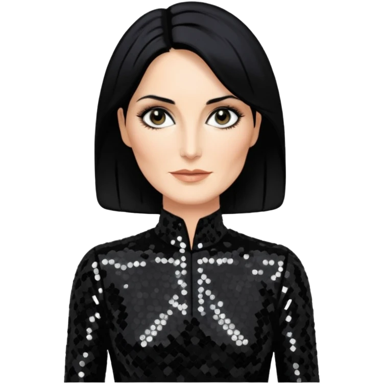 Carrie-Anne Moss with black hair, black sequin outfit emoji
