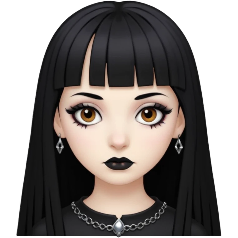 Faça uma moça de cabelo preto e micro micro franja pálida e com maquiagem gótica pesada olhos castanhos escuro  emoji
