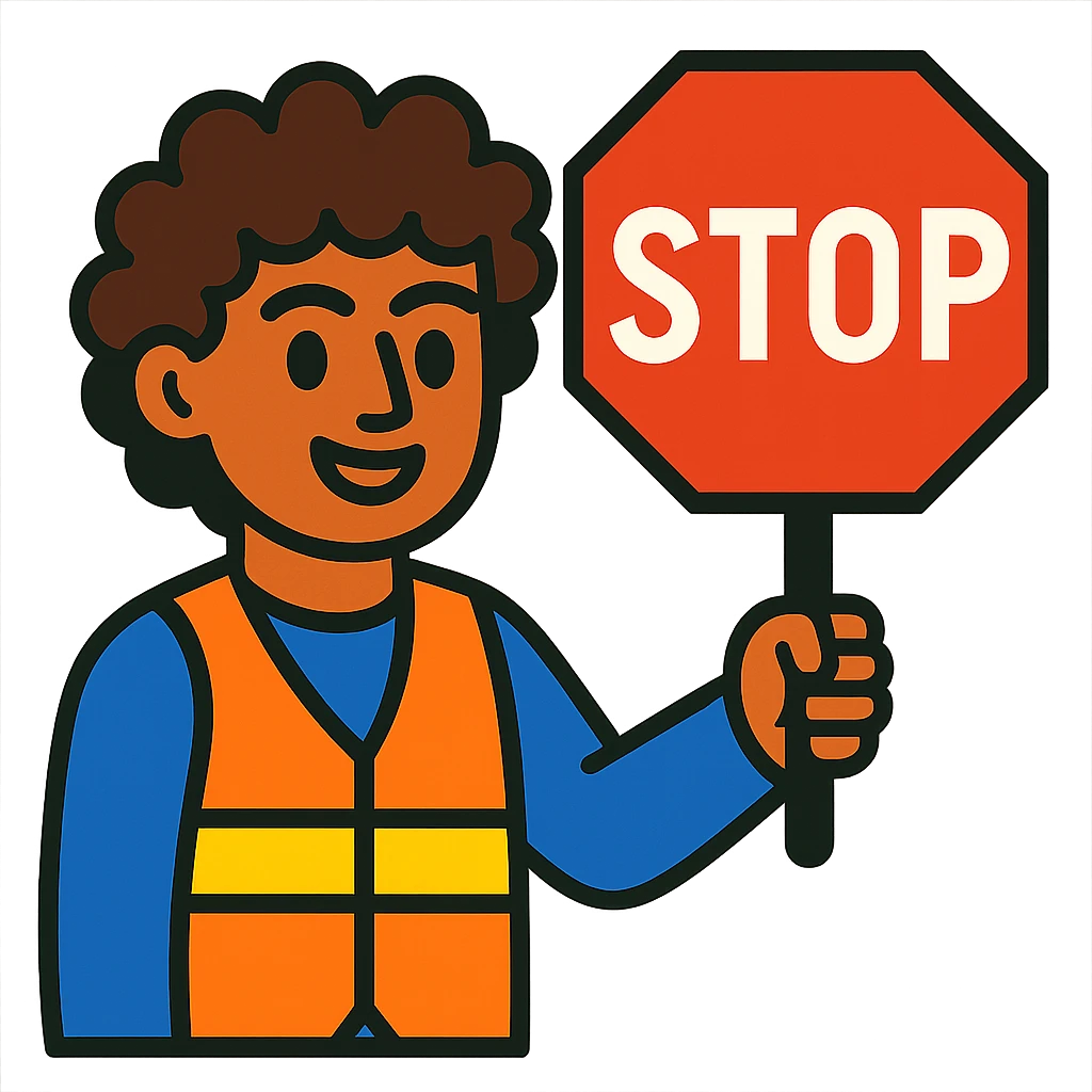 brunette person with curly hair holding a stop sign, vibrant toon style emoji
