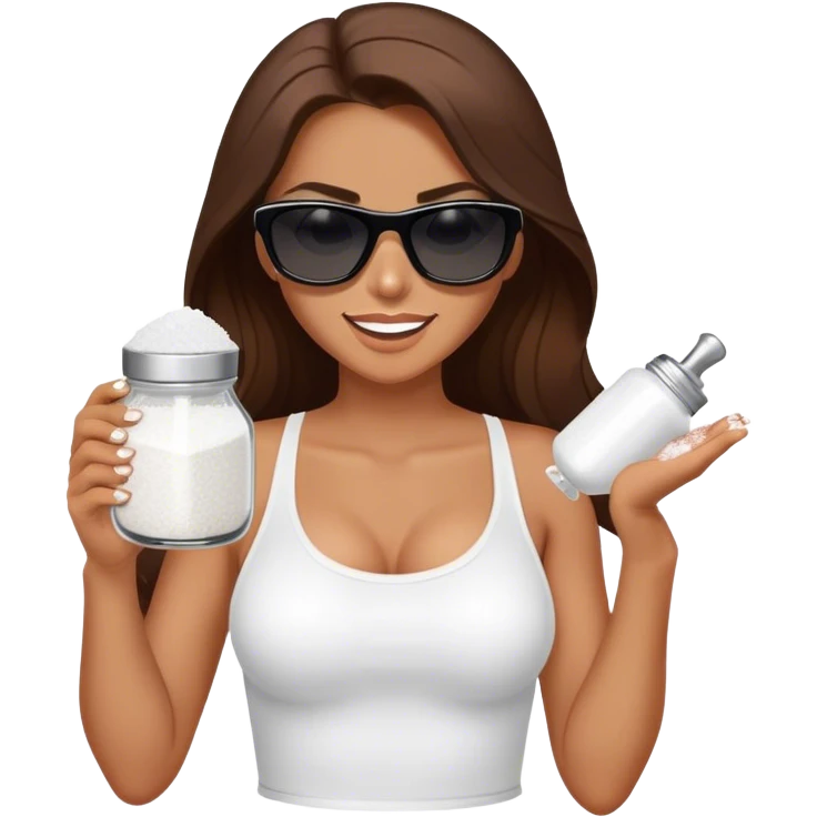 sassy woman with long brown hair, tan skin, and dark sunglasses holding a salt shaker filled with white table salt. She is sprinkling the salt out from the shaker with a smirking expression emoji