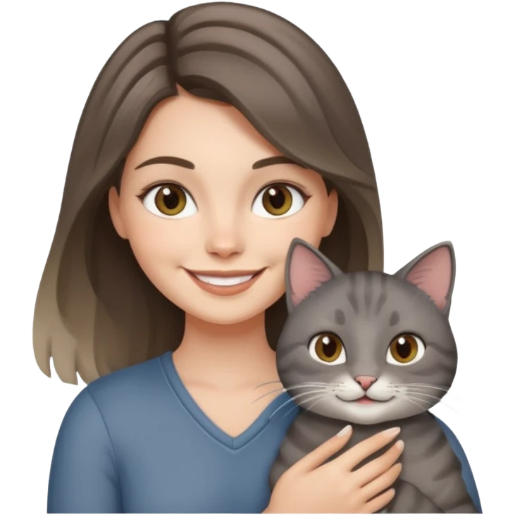 White brunette with balayage and her Grey cat  emoji
