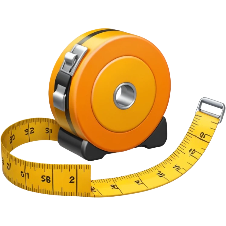 Flat vector illustration of a rolled measuring tape in yellow and orange color, simple bold outlines, minimal shading, emoji style, centered on white background. emoji